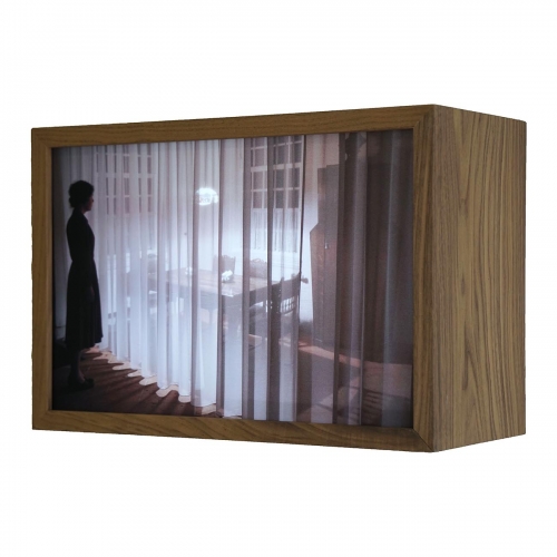 Thuis | 28cm x 41cm x 19cm; noten hout, LED strips, duratrans, ontspiegeld glas; AIR Zundert 2019